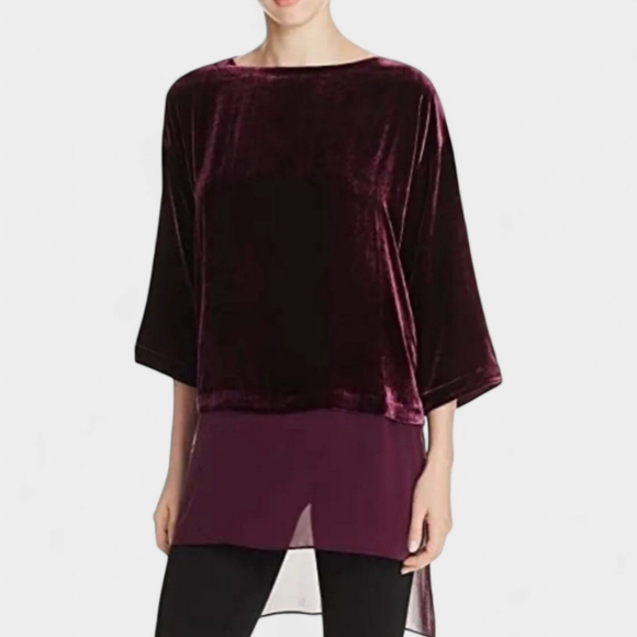 Eileen Fisher Tops - Eileen Fisher Tunic Top Velvet Womens Sz Med Burgundy Silk Blend 3/4 Sleeve EUC